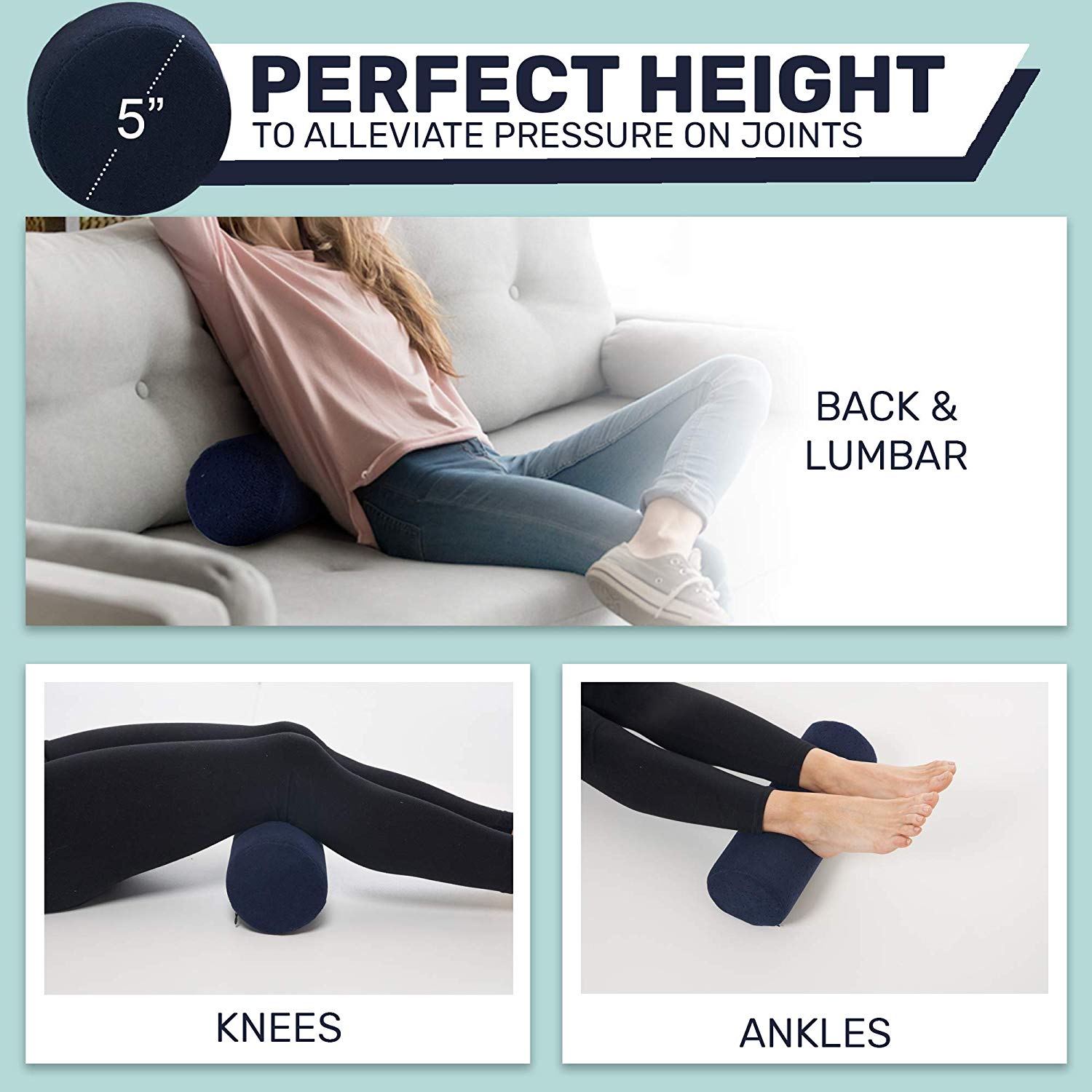 AllSett Health Bamboo Cervical Roll Pillow – Neck, Spine & Back Support with Washable Cover (Navy)