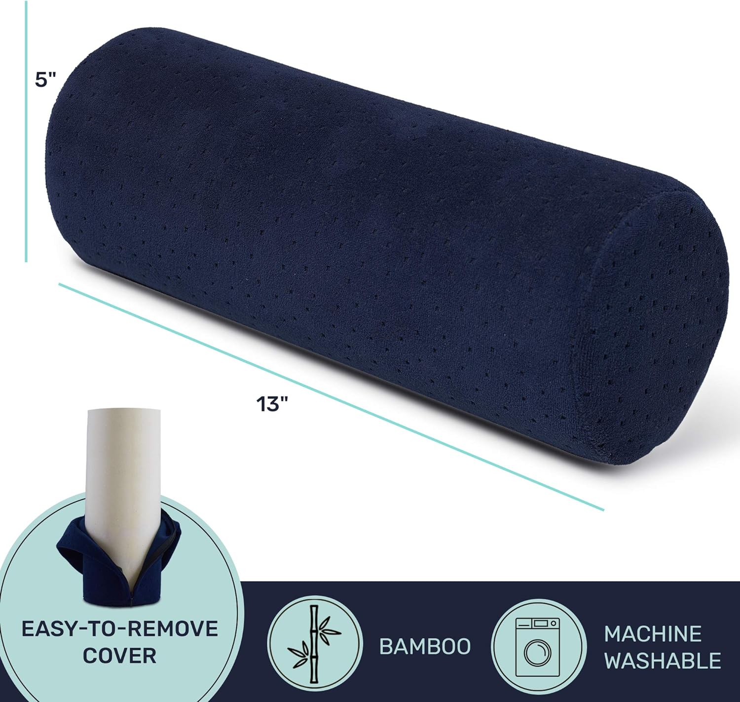 AllSett Health Bamboo Cervical Roll Pillow – Neck, Spine & Back Support with Washable Cover (Navy)