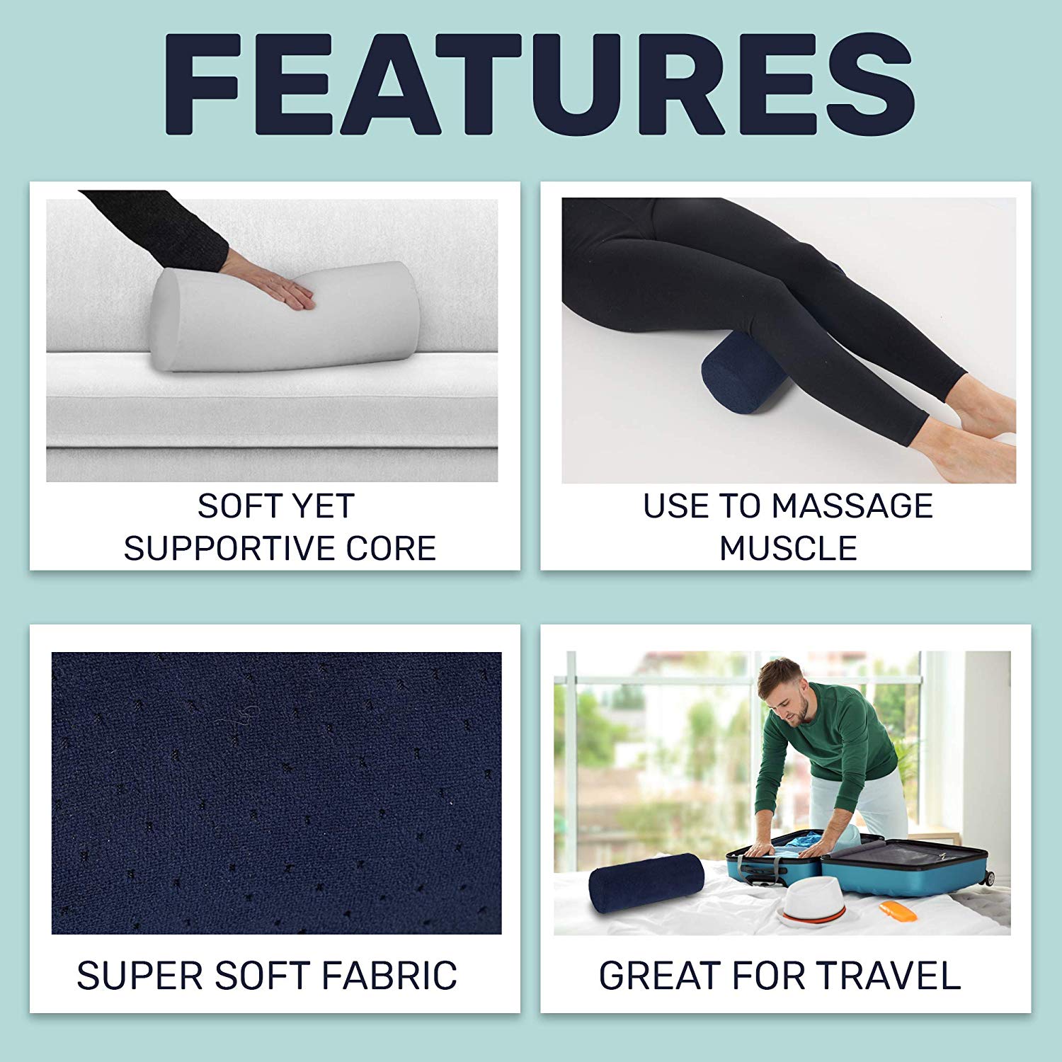 AllSett Health Bamboo Cervical Roll Pillow – Neck, Spine & Back Support with Washable Cover (Navy)